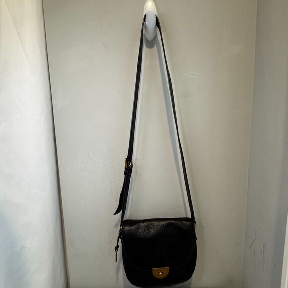 VTG Fossil Black Pebble Leather Crossbody Bag – Emi Saddle, Gold Key - Picture 7 of 13